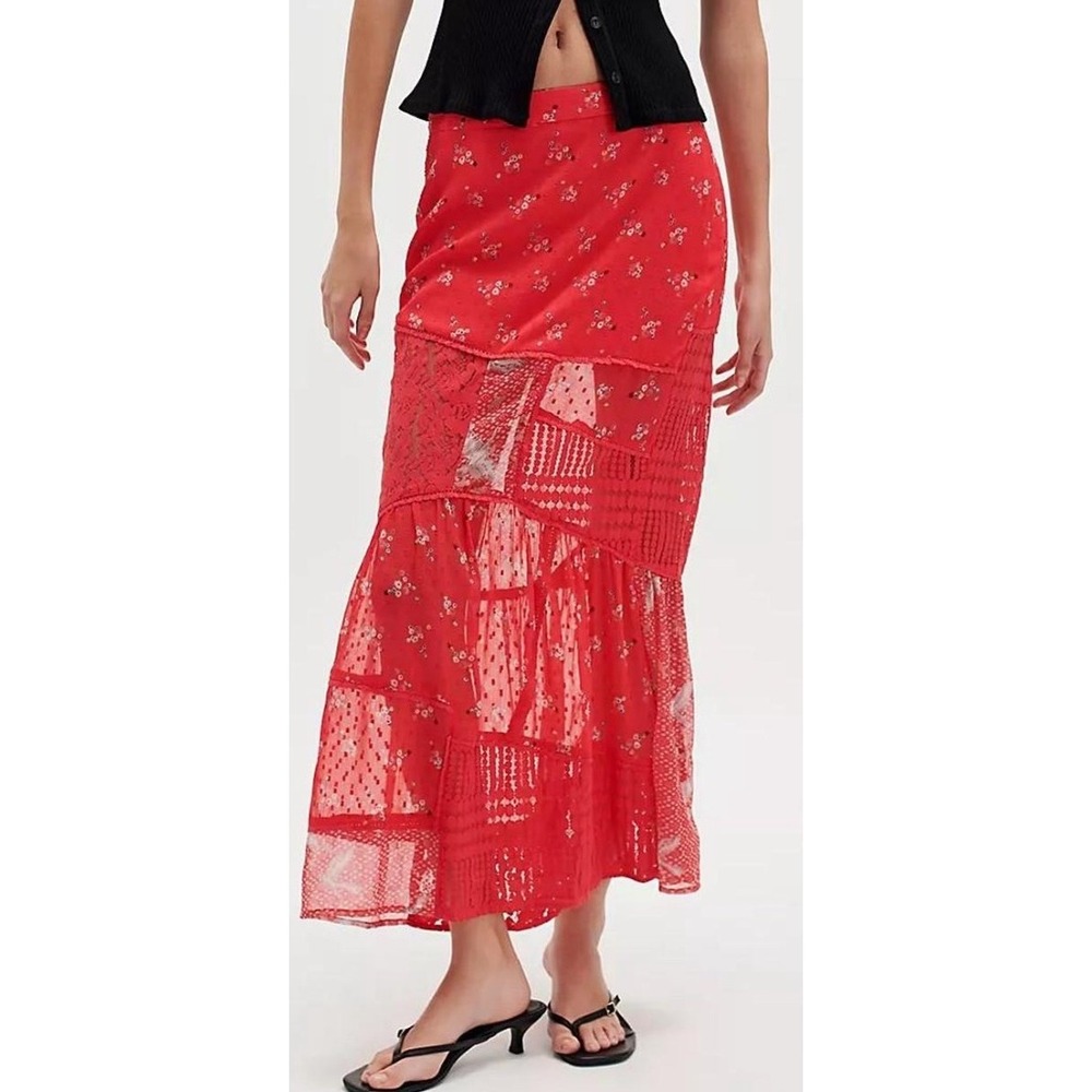 Free People Daniella Red Lace Sheer Patchwork Floral Maxi Skirt Boho Tiered L